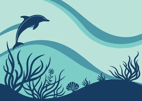 Ocean waves with dolphin jumping and underwater plants with seashell. イラスト素材