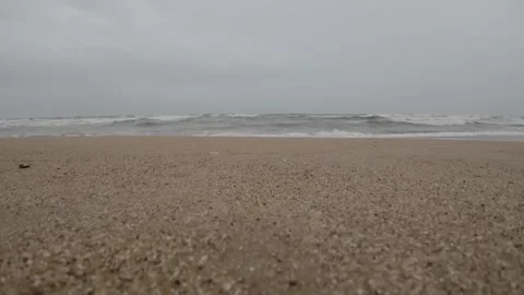 Ocean Waves At An Empty Beach With Dark Thunder Stormy Sky Slow Motion Seascape Stock Footage 280563732