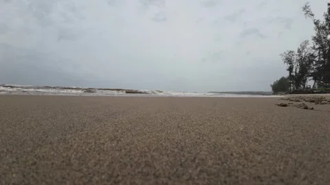 Ocean Waves At An Empty Beach With Dark Thunder Stormy Sky Stock Footage 280566292