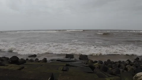 Ocean Waves At An Empty Beach With Dark Thunder Stormy Sky Stock Footage 280566385