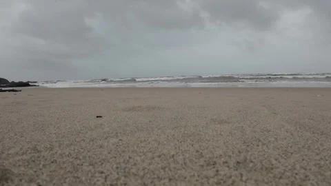 Ocean Waves At An Empty Beach With Dark Thunder Stormy Sky Slow Motion Seascape Stock Footage 280566459