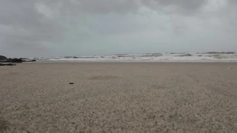 Ocean Waves At An Empty Beach With Dark Thunder Stormy Sky Slow Motion Seascape Stock Footage 280566516