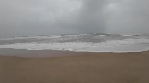 Ocean Waves At An Empty Beach With Dark Thunder Stormy Sky Slow Motion Seascape Stock Footage 280567194