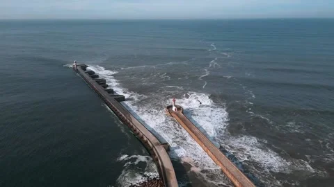 The ocean waves exploding in the lighthouse road. Stock Footage 226951316