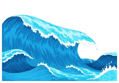 Ocean waves with foam on crest. Blue sea splash water, marine sea storm element Illustrazione stock