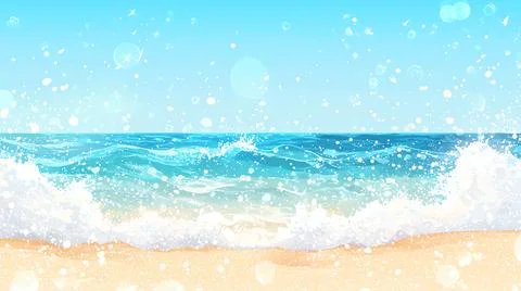 Ocean waves gently crash onto a sandy beach under a clear blue sky. Bright sunli Stock Photos