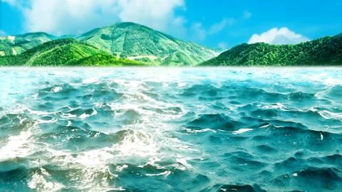 Ocean waves with green mountains on the background. Stock Illustration