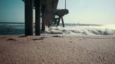 Ocean Waves Hitting Pier. 120fps HD Stock Footage 64654679