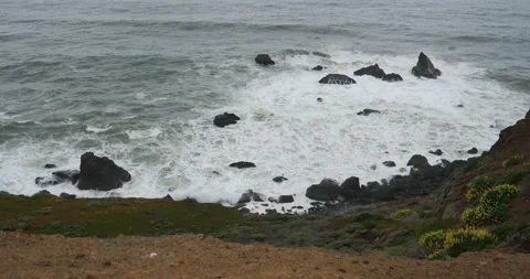 Ocean Waves Mist Rocks Green Plants Grey Sea Brown Grass Coast Spring Video stock 155710868