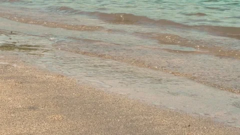 Ocean waves roll in the sun towards the sandy beach. Video stock 318162698