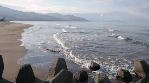 Ocean Waves Rolling Onto Sandy Beach, Hokkaido Coastal Landscape Stock Footage 340113344