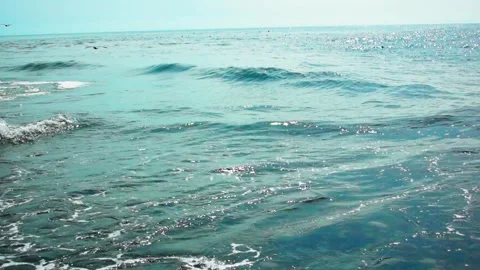 Ocean waves rolling toward shore with seabirds flying over turquoise water .. Stock-Footage 348372404