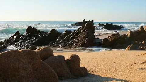 Ocean waves rushing over jagged rocks on beach. Pelican dives in water. slomo Stock Footage 107009214