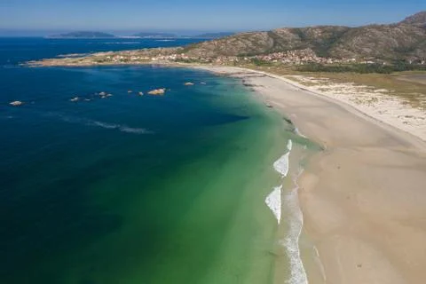 Ocean waves, sandy beach, view from drone, Carnota beach, Galicia, Spain Stock-Fotos