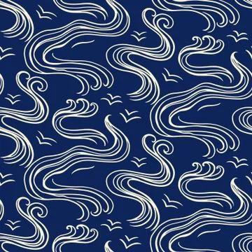 Ocean waves seamless pattern, classic blue color Stock Illustration