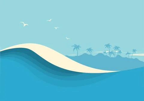Ocean waves seascape. Vector blue background with sea wave and sky Stock Illustration