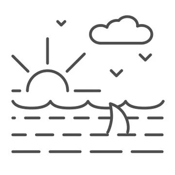 Ocean waves with shark thin line icon, nautical concept, ocean landscape with Stock Illustration