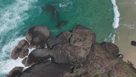 Ocean Waves Splashing At Fingal Beach In Fingal Head, NSW, Australia - Drone Stock Footage 333663502