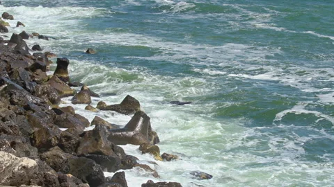 Ocean Waves Spray Splashing Over Rocky Sea Stock Footage 308679208