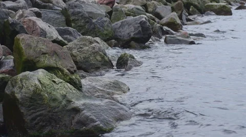 Ocean Waves Washing up on a Black Basalt Column Stones Stock Footage 61961396
