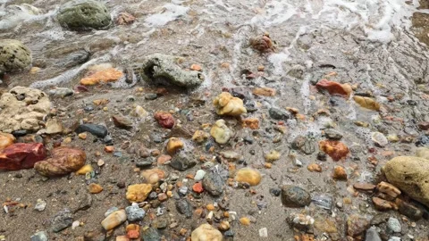 Ocean Waves Washing Over Pebbles and Shells on Sand Stock Footage 348189853