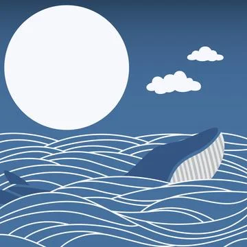 Ocean whale and moon vector Stock Illustration