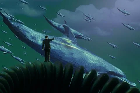Ocean wildlife theme. Imaginary world. Alternative realm. Surrealism. Illustrazione stock