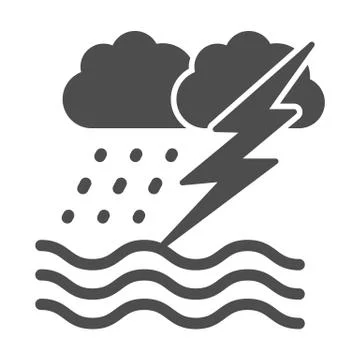 Ocean windstorm with rain and lightning solid icon, nautical concept, ocean Stock Illustration
