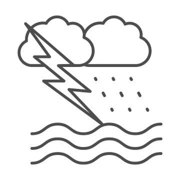 Ocean windstorm with rain and lightning thin line icon, nautical concept, ocean Stock Illustration
