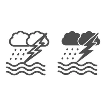 Ocean windstorm with rain and lightning line and solid icon, nautical concept Stockillustratie