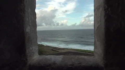 Ocean Zoom Out Through Ruin Window San juan Puerto Rico Stock Footage 79276572