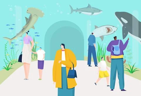 Oceanarium concept, vector illustration, flat man woman character look at fish 스톡 일러스트