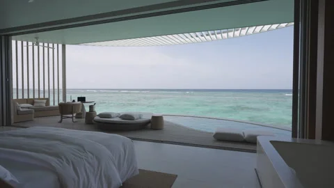 Oceanfront Bedroom and Private Pool at The Ritz-Carlton Maldives Stock Footage 341312571