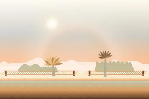 Oceanfront shoreline backdrop with daylight sky, coastal mountain ridge, and lef Stock Illustration