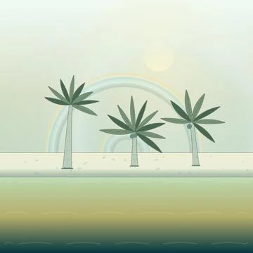 Oceanfront shoreline backdrop with ocean water, coastal trees, and picket fence Stock Illustration
