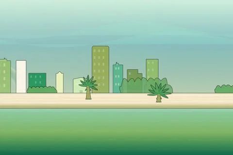 Oceanfront shoreline backdrop with ocean water, coastal trees, and picket fence Stock Illustration