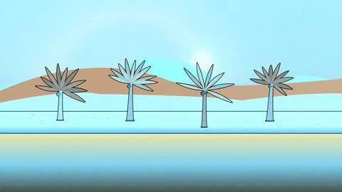 Oceanfront shoreline backdrop with ocean water, coastal trees, and picket fence Stock Illustration
