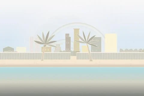 Oceanfront shoreline backdrop with sand beach, coastal trees, and privacy-panel Stock Illustration