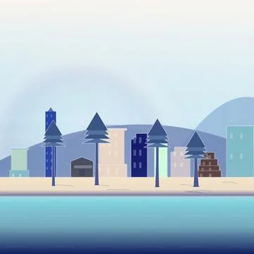 Oceanfront shoreline backdrop with sand beach, coastal trees, and picket fence Stock Illustration