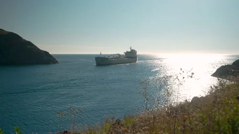A oceangoing freighter sails into St. John's Harbour Stock Footage 214445700