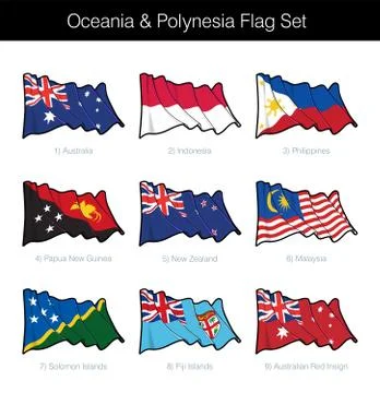 Oceania and Polynesia Waving Flag Set Stock Illustration