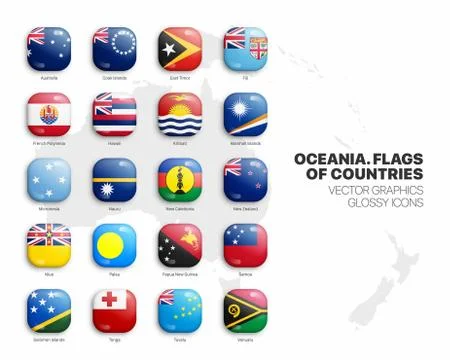 Oceania Countries Flags Vector 3D Glossy Icons Set Isolated On White Background Stock Illustration