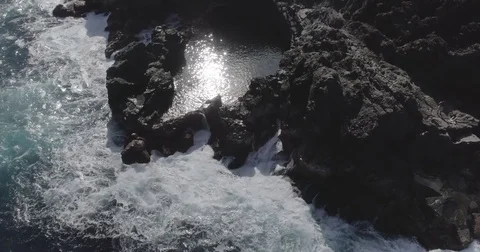 Oceanic powerful waves hitting rocks with natural swimming pool. Canary islands. Stock Footage 83869145