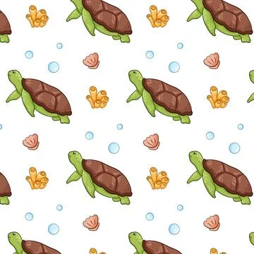 Oceanic turtle seamless pattern in cartoon style. Design turtles floating in the Stock Illustration