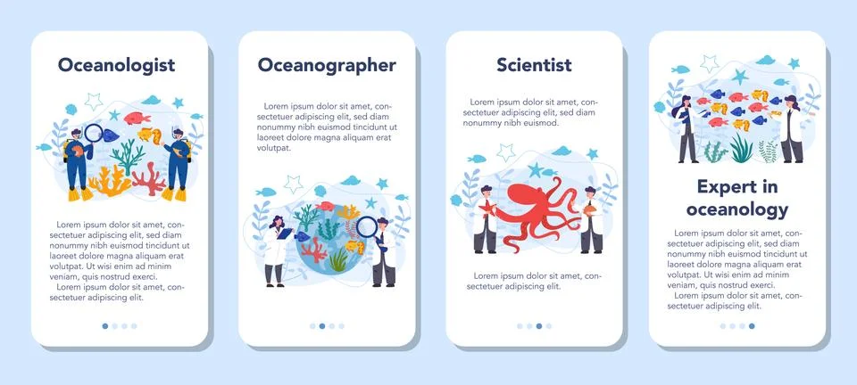 Oceanologist mobile application banner set. Oceanography scientist. Illustration