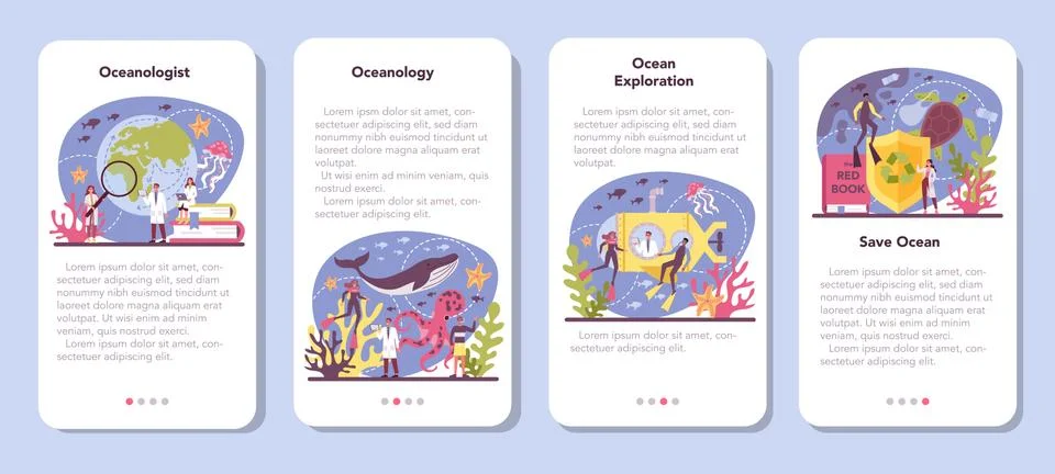 Oceanologist mobile application banner set. Oceanography scientist Illustration