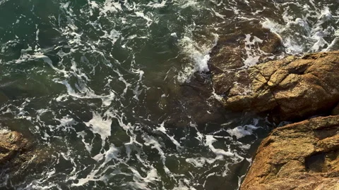 Ocean's Caress: Waves Dancing Over Sunlit Rocks Stock Footage 262352014