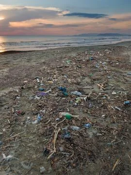 Oceans Pollution: Plastic garbage and other waste on the beach Stock Photos