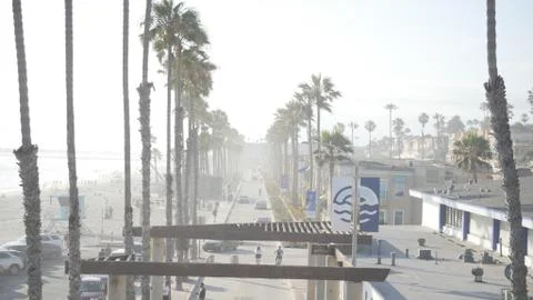 Oceanside CA beach, palm trees and street Stock Photos