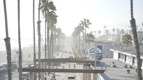 Oceanside CA beach, palm trees and street 库存照片